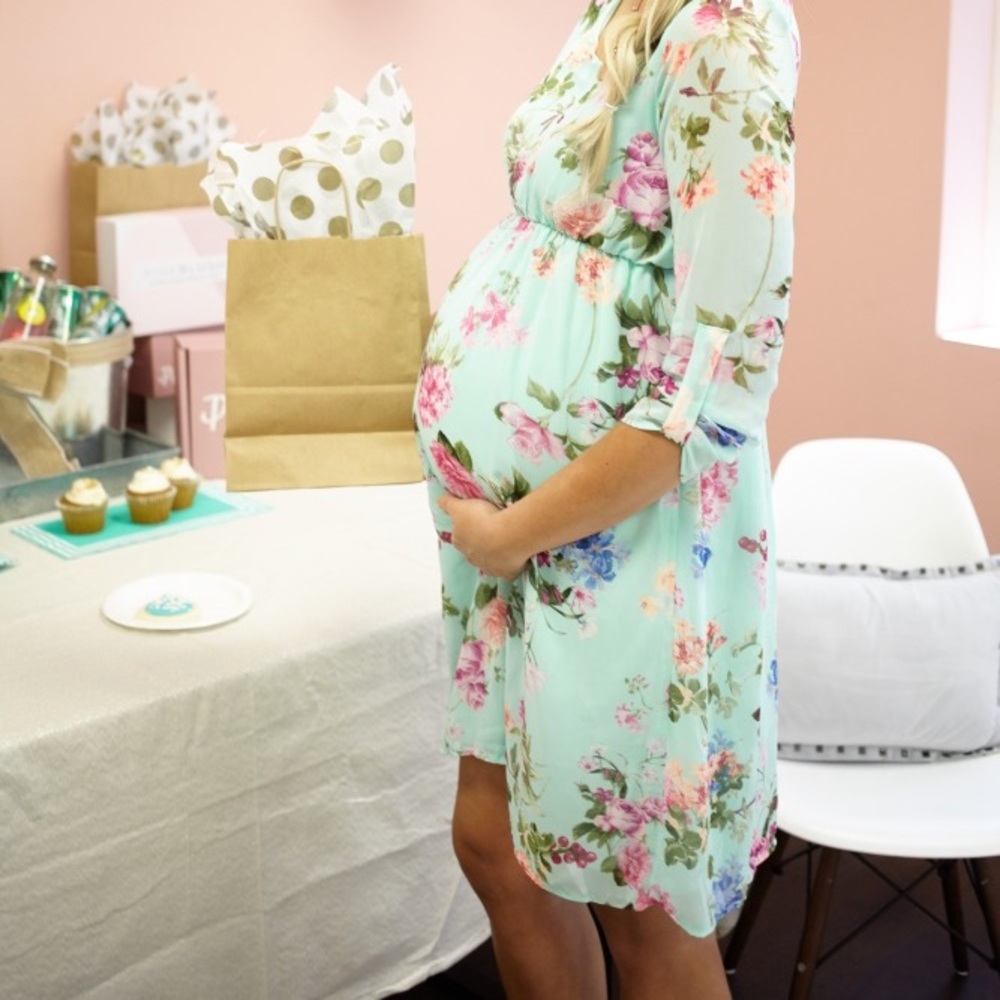 Pink blush mint and floral maternity dress